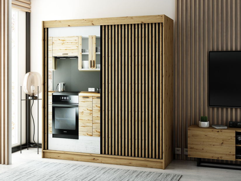 Ruhásszekrény 200 cm Ladonna 2 (artisan tölgy + matt fekete) (tükörrel)