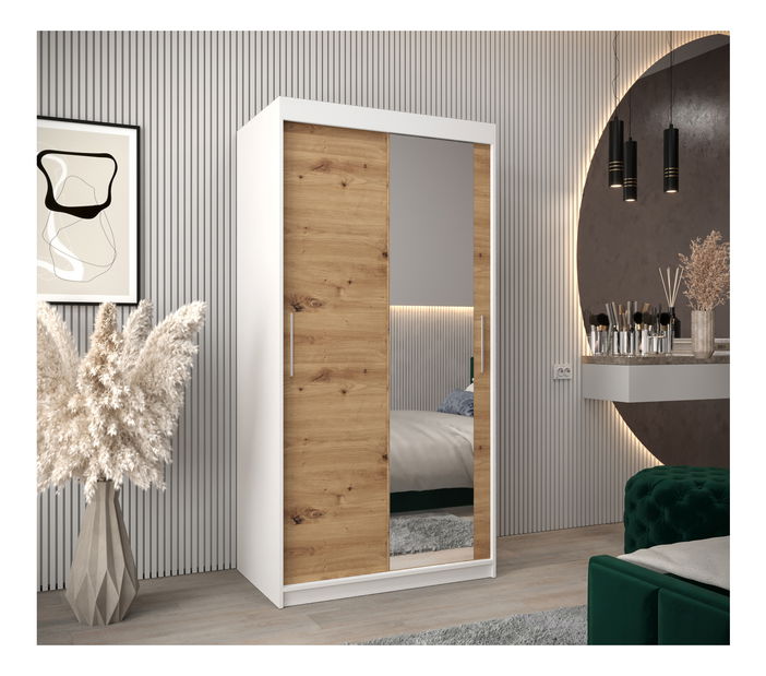 Dulap de haine 100 cm Toki 2 (alb mat + stejar artisan)