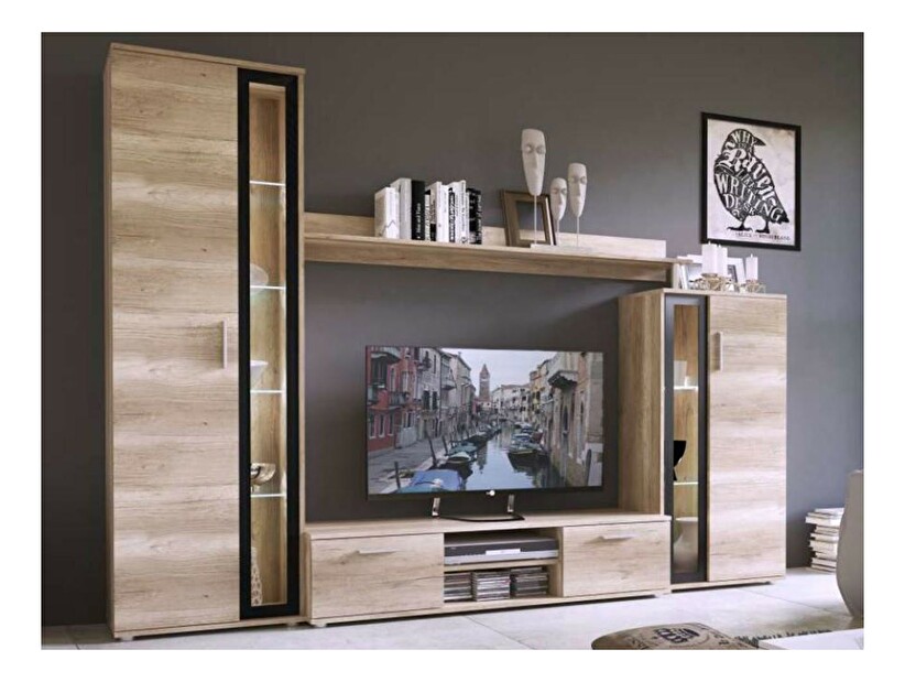 Mobilier living Orenia (stejar sonoma + Negru) (fără iluminat)