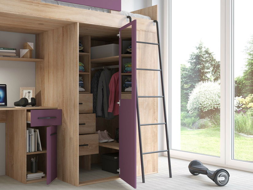 Poschodová posteľ 90 cm Vivian (P) (s roštom) (dub sonoma + fialová)