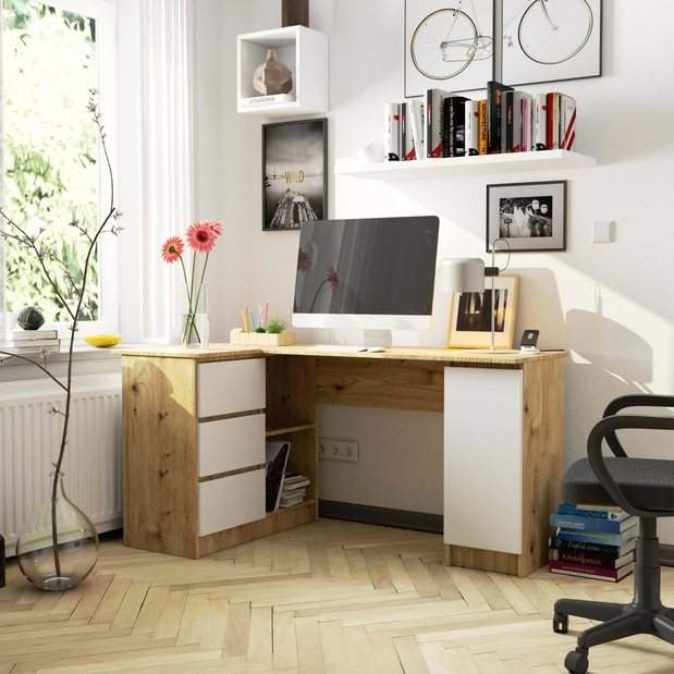 Kutni PC stol Bevin (hrast artisan + bijela) (L)