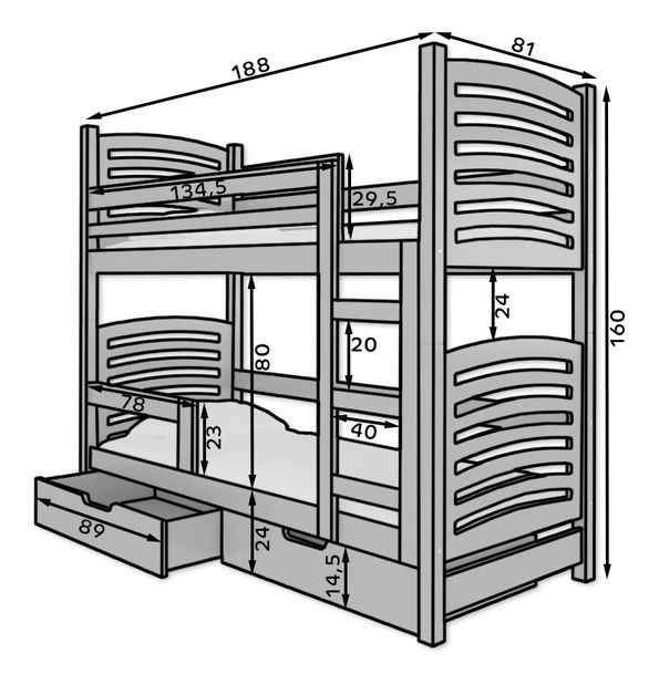 Pat etajat pentru copii 180x75 cm Oxana (cu somieră și saltea) (Alb)