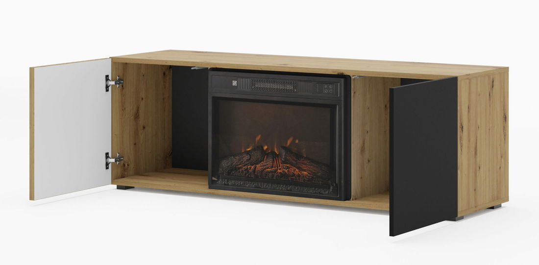 Masă TV cu șemineu Aurella (Negru + Stejar artisan)