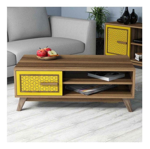 Măsuță de cafea Dedute (nuc + galben)