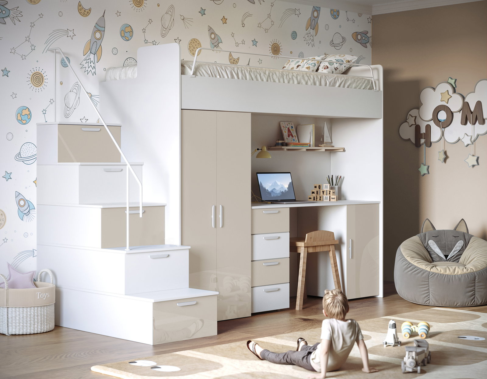 Dječji krevet Ruby IV S (bijela + bež sjaj) (s podnicom)