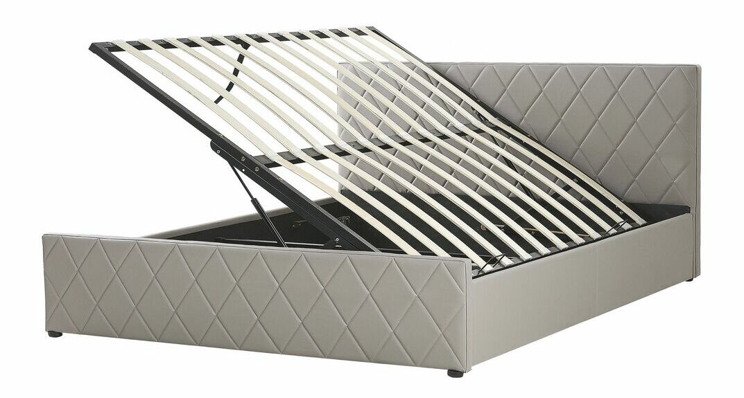 Pat matrimonial 160 cm ROFARIO (gri) (piele artificială) (cu somieră și sp. depozitare)