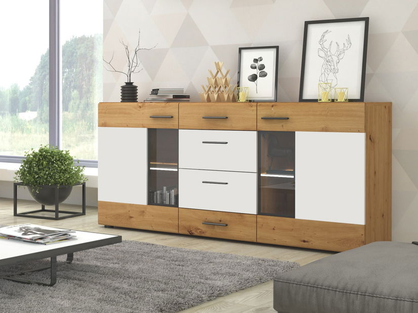 Vitrinek szekrény Talitha (fehér + tölgy artisan)