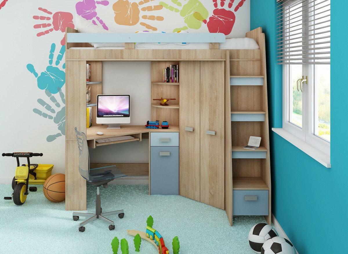 Kutni krevet na kat Alina (D) Sonoma + plava (S podnicom) 