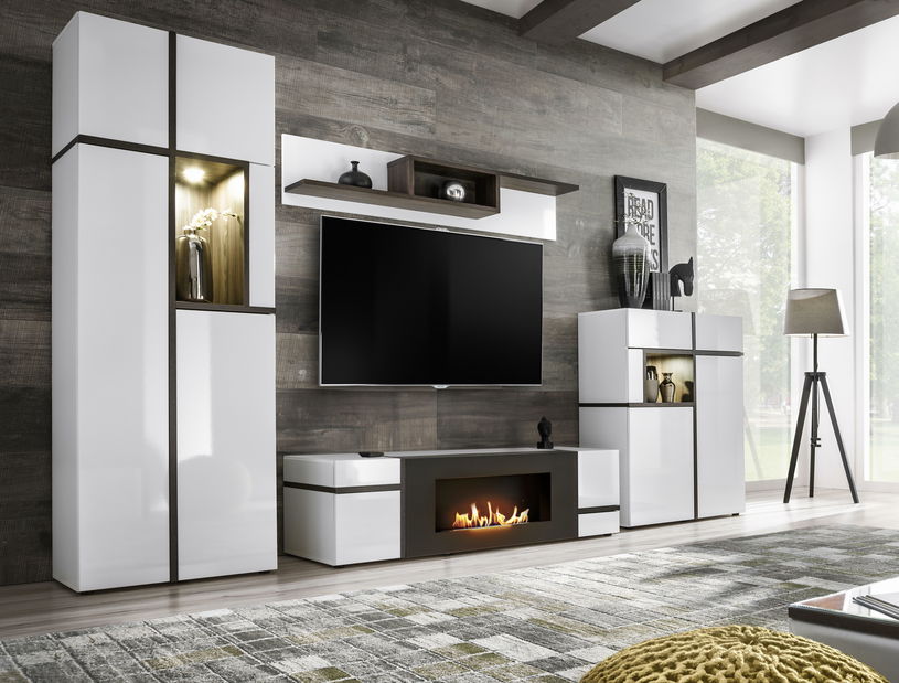 Set za dnevni boravak Carlyn PEW CS-K (bijela + bijeli sjaj + jasen biserni) (s rasvjetom) (s bio kaminom)