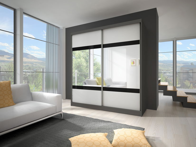 Šatníková skriňa Mebur 02 230 (grafit + biela + zrkadlo + čierne sklo)