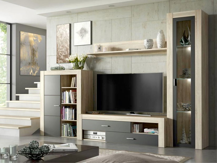 Obývacia stena Niza P6DSN2 (sonoma + šedá) (s osvetlením)