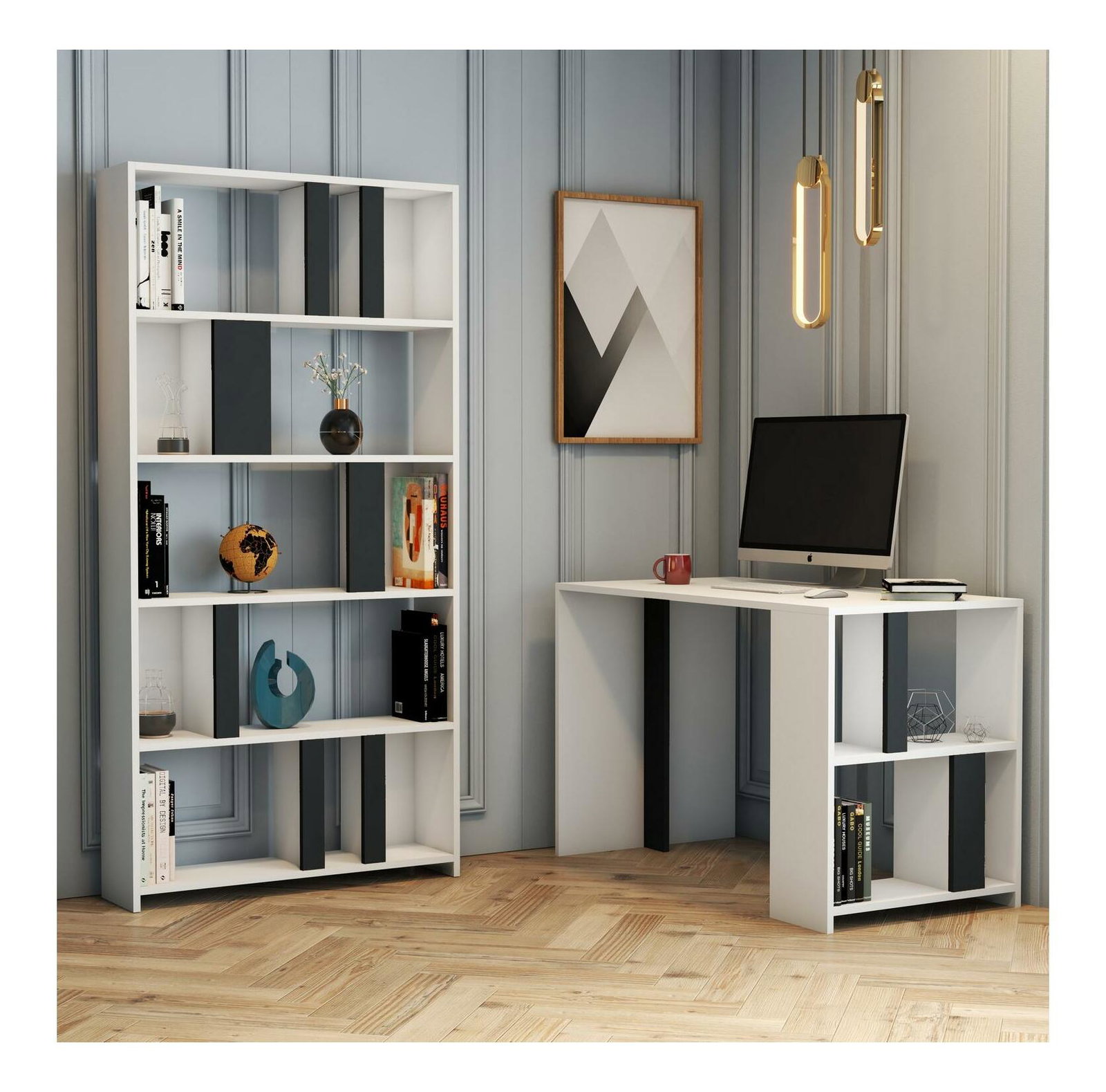 PC asztal regállal Limba (fehér + antracit)