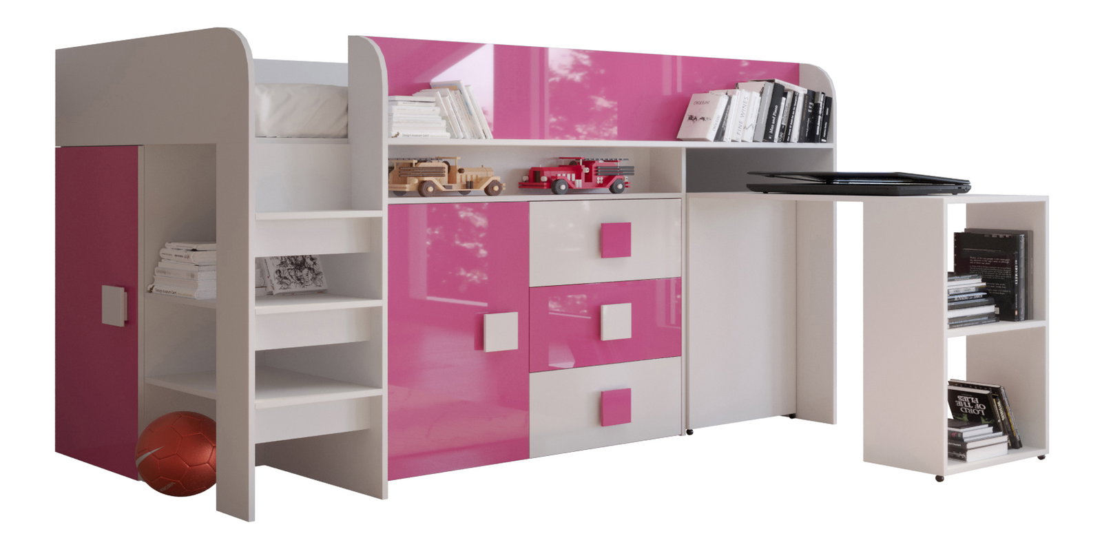 Detská kombinovaná posteľ 90 cm Toreno 1 (biela + biely lesk + ružový lesk)