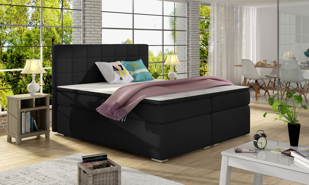 Pat matrimonial Boxspring 160 cm Abbie (negru) (cu saltele)