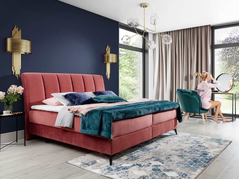 Pat matrimonial Boxspring 180 cm Alberto (roz închis) (cu saltele)