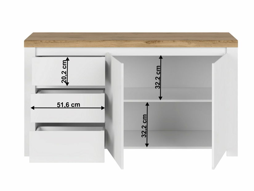Komoda Vilgi 2D3S (vysoký lesk biely + dub wotan)