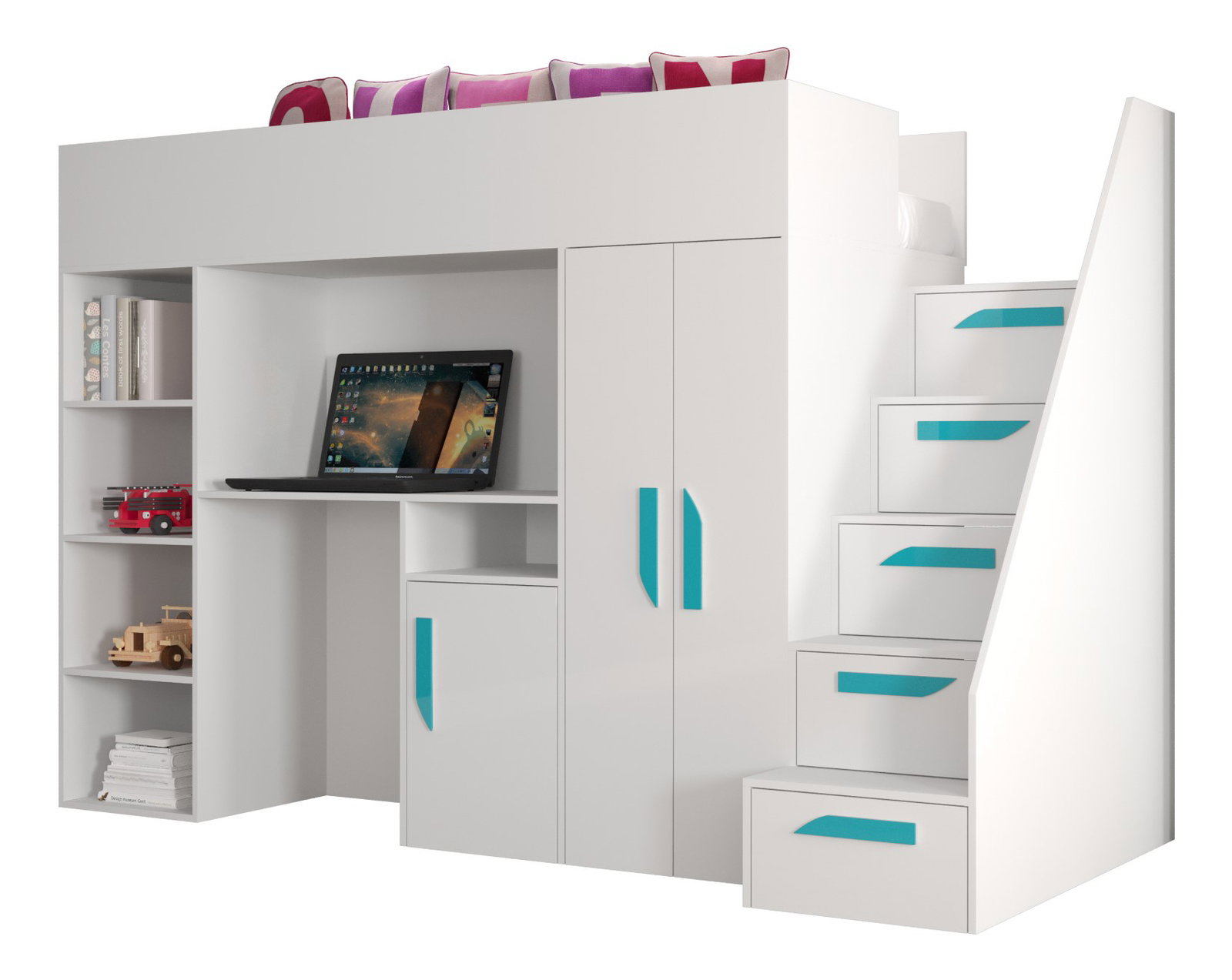 Detská kombinovaná posteľ 90 cm Puro 14 (matná biela + biely lesk + tyrkysové úchytky)