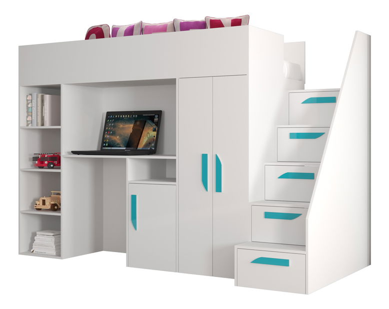 Pat pentru copii combinat 90 cm Puro 14 (alb mat + alb lucios + mânere Turcoaz)