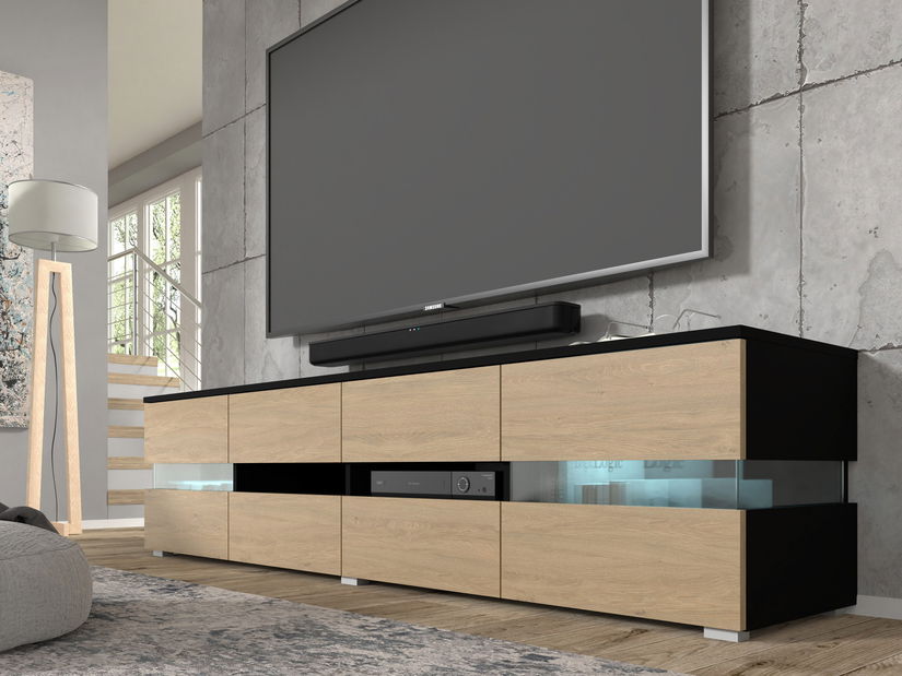 Masă TV/Dulap Vaimo (negru mat + stejar pietros) (cu iluminat)