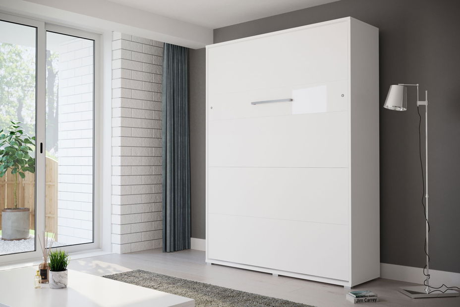 Sklápacia posteľ 160 Homer (biela matná + lesklá biela) (vertikálna) (s osvetlením)