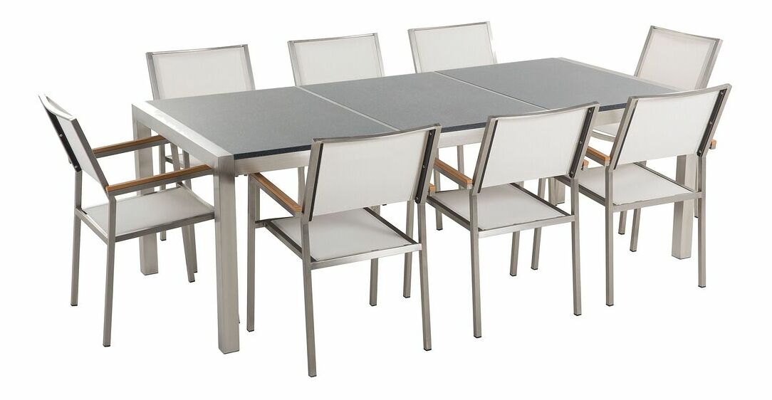 Záhradná jedálenská sada Grosso (tmavosivá) (biele stoličky) (pre 8 osôb) (žula)