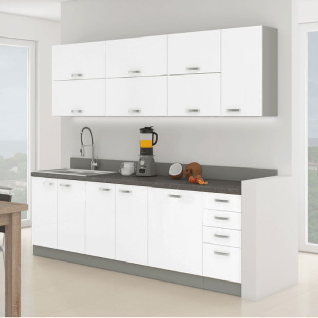 Bucătărie Primula 260 cm (gri + Alb extra lucios)