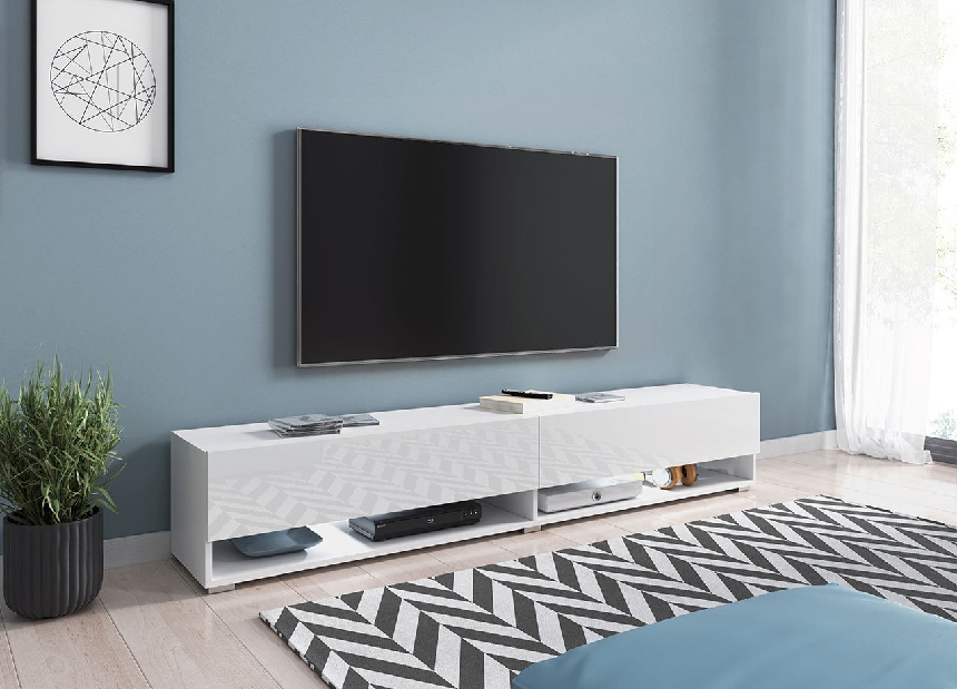 TV asztal/szekrény Aldesia 180 (fehér + fényes fehér) (RGB LED világítás színes)