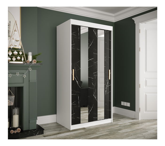 Šatníková skriňa 100 cm Marbelo P (matná biela + čierny mramor)