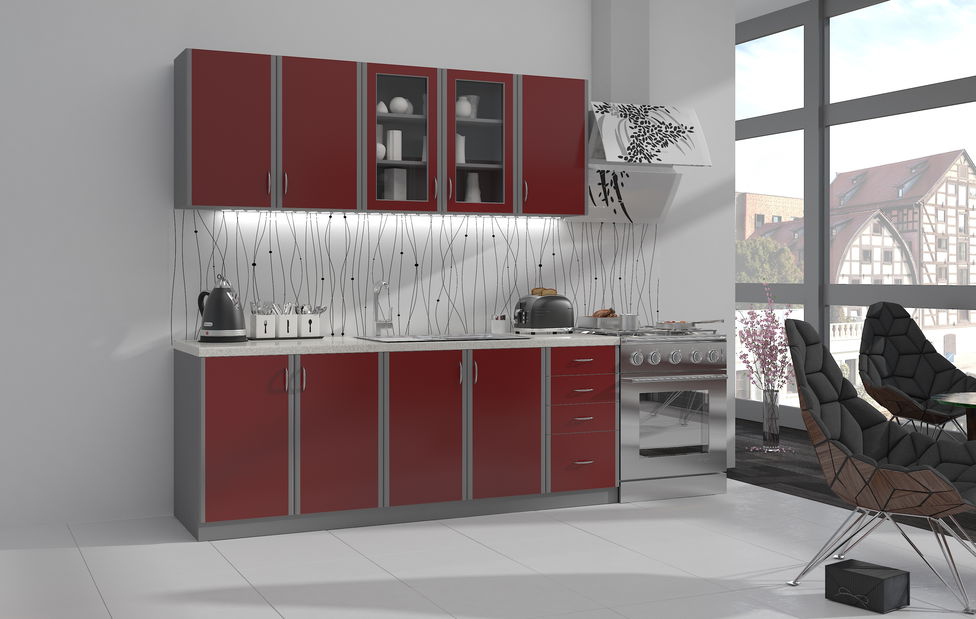 Kuchyňa Elissa 200 cm (sivá platinová + bordová)