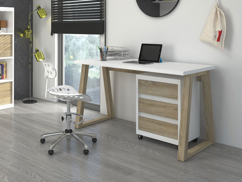 Masă PC Ian (Alb + stejar artisan) (cu dulap)