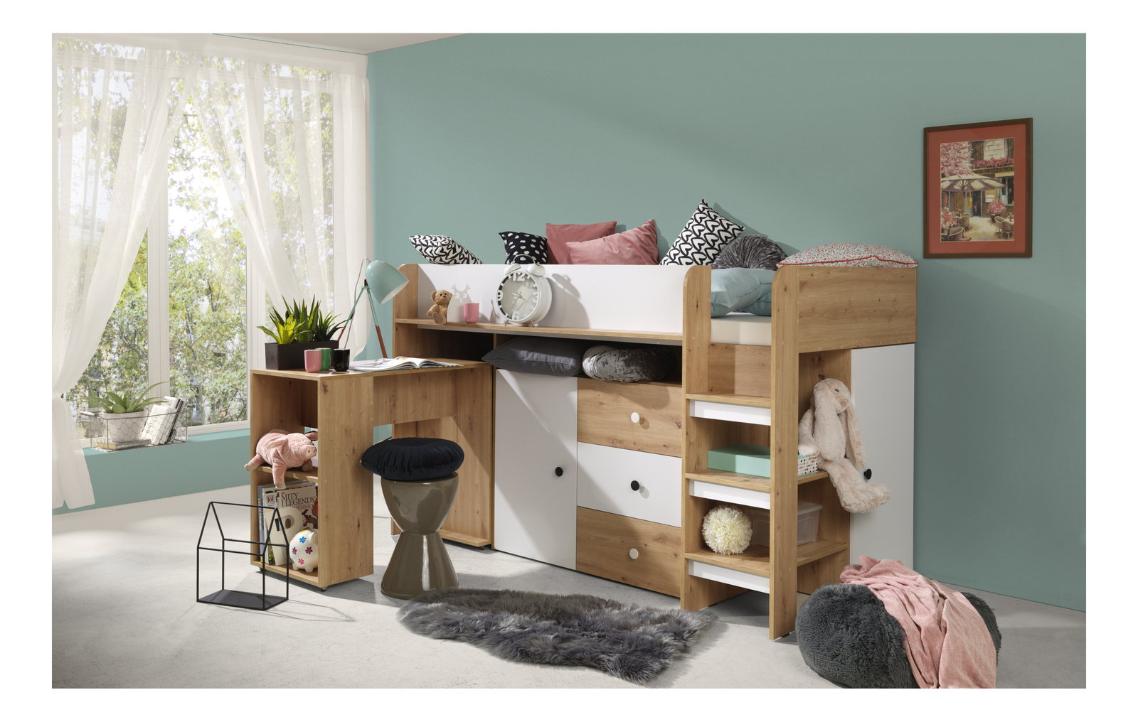 Detská kombinovaná posteľ 90 cm Sami 1 (dub artisan + matná biela + čierne madlá)