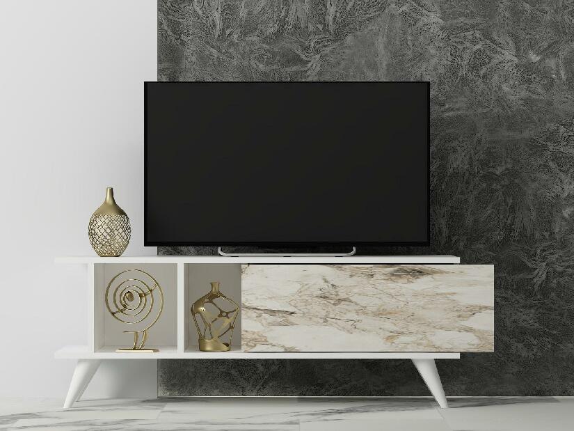 TV asztal/szekrény Tavuki (fehér + márvány) 