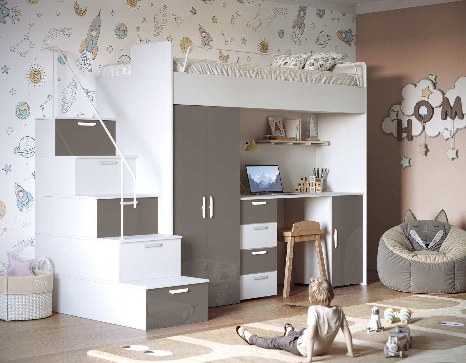 Dječji krevet Ruby IV S (Bijela + Siva) (S podnicom) 