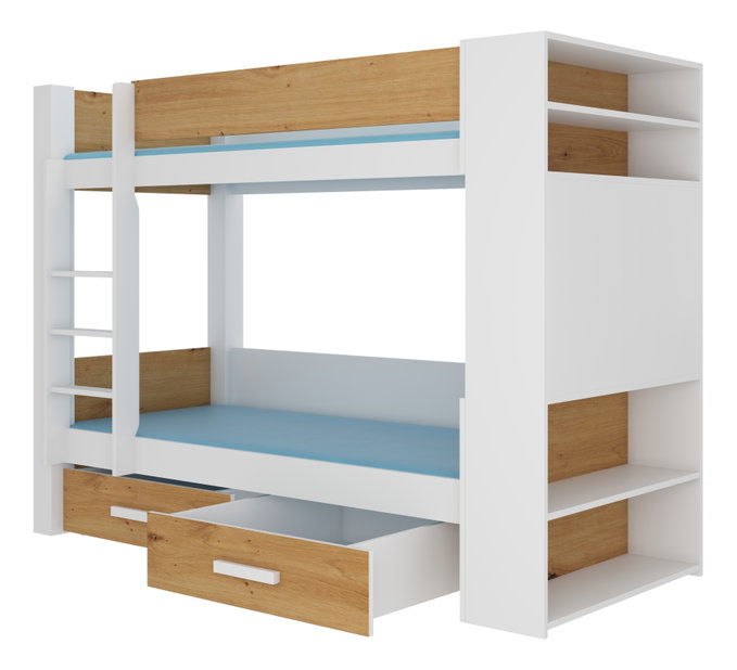 Emeletes gyerekágy 180x80 cm Gabriela (ágyráccsal és matraccal) (fehér + artisan tölgy)