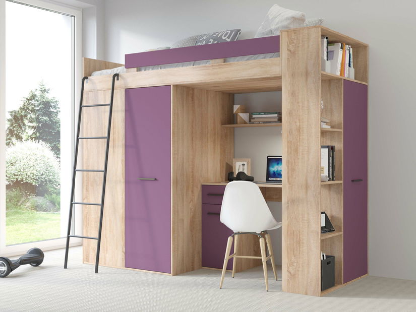 Poschodová posteľ 90 cm Vivian (L) (s roštom) (dub sonoma + fialová)