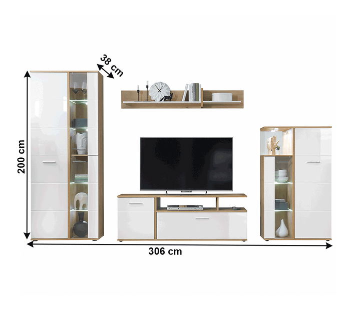 Set za dnevni boravak Ralano (visoki bijeli sjaj + hrast artisan) (s LED rasvjetom)