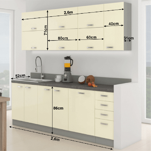 Kuhinja Primula 260 cm (siva + sjaj visoki krem) 