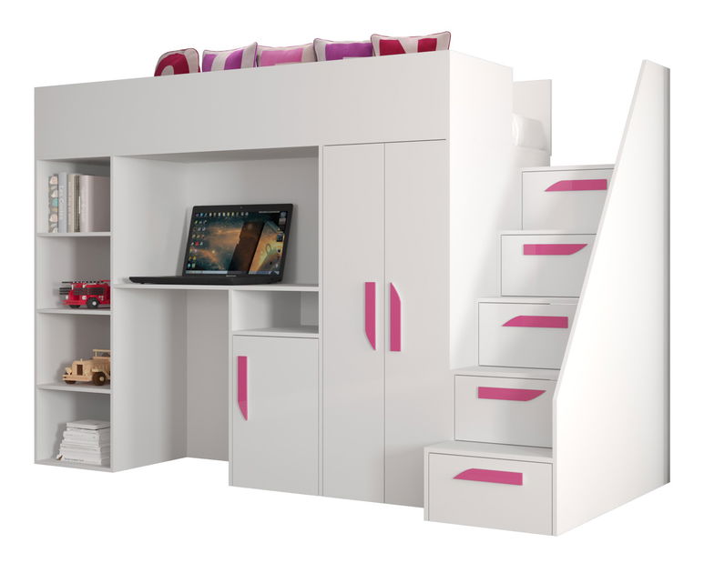 Pat pentru copii combinat 90 cm Puro 14 (alb mat + alb lucios + mânere roz)