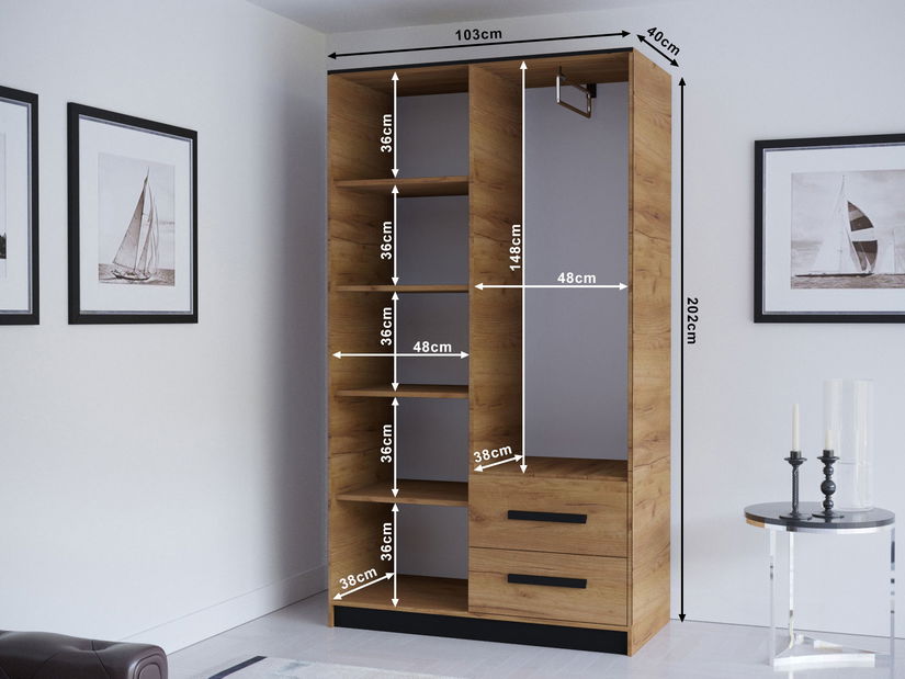 Dulap de haine 103 cm Marine (cu sticlă) (Stejar craft auriu + negru)