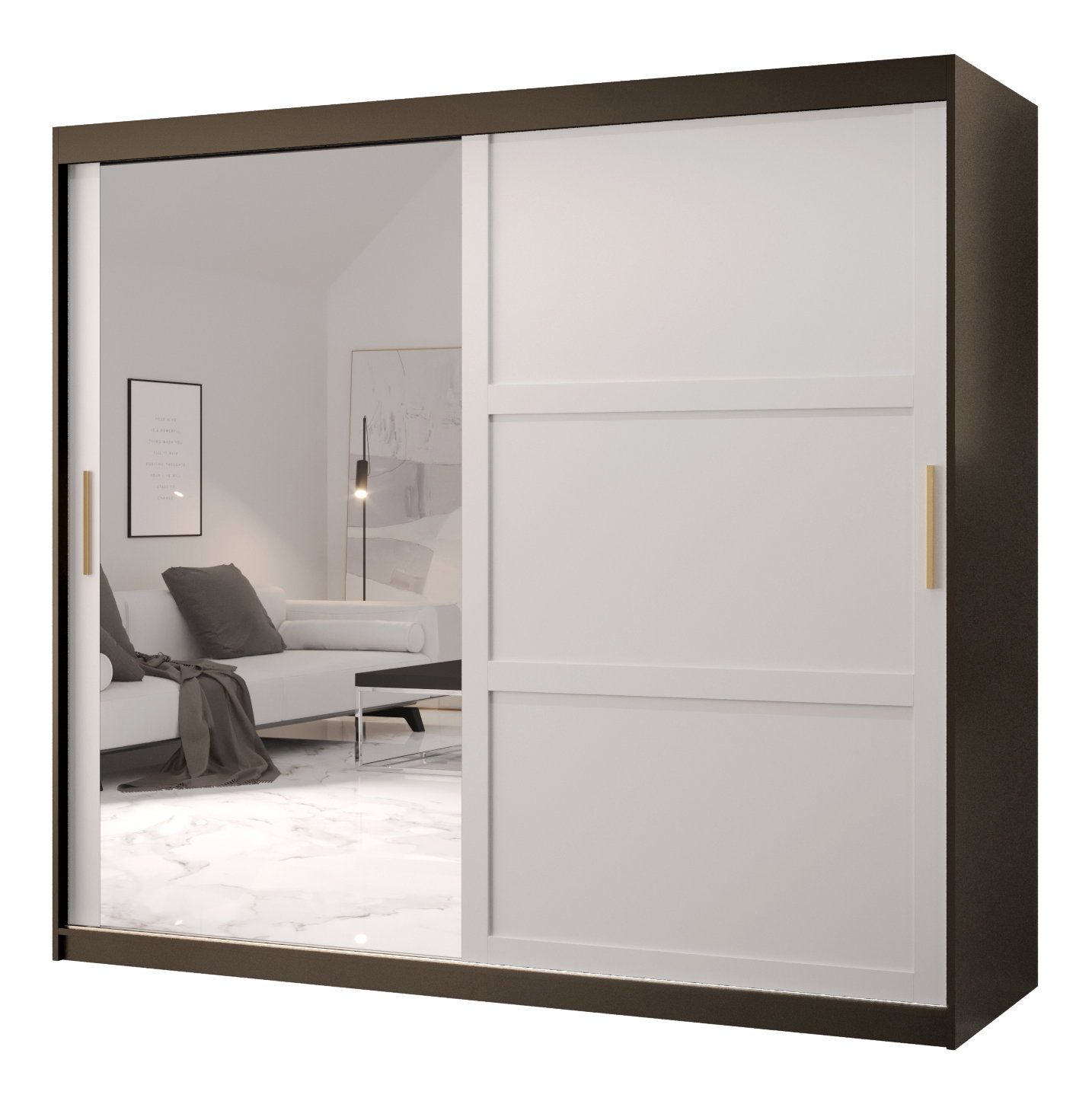 Ruhásszekrény Riven 2 200 (matt fekete + matt fehér) (tükörrel)