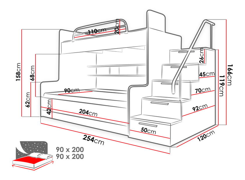 Poschodová posteľ Paralia II (biela + lesk biely + lesk sivý) (L)