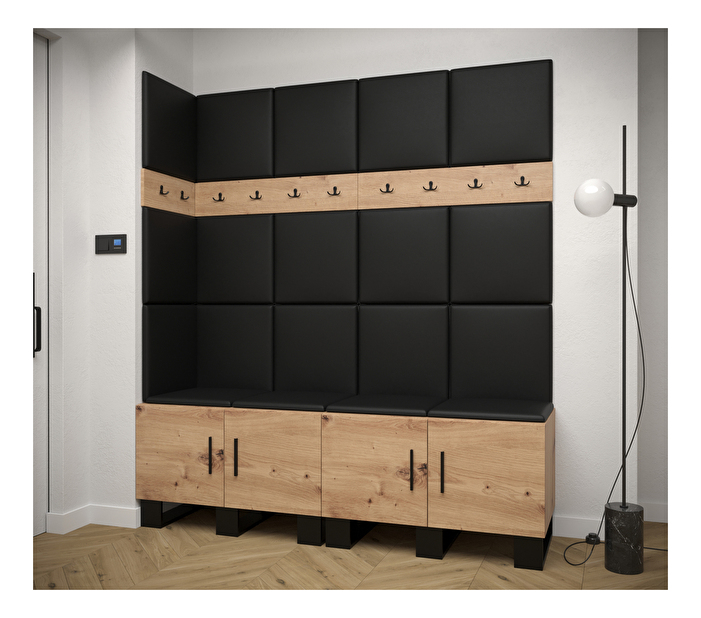 Set mobilier pentru hol Amanda 12 (Stejar artisan + piele ecologică Negru)