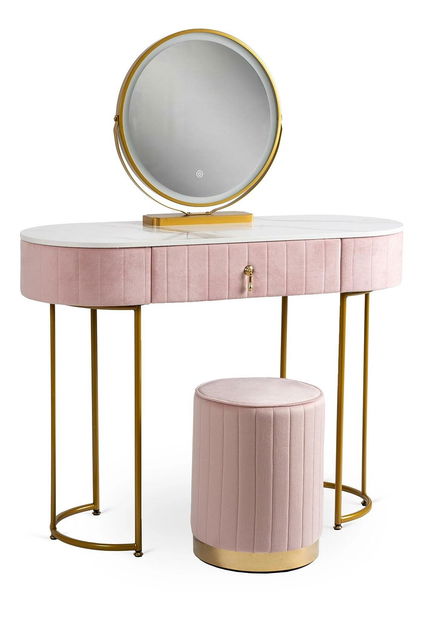 Măsuță toaletă Afecto (roz + auriu) (cu taburete și iluminat LED)
