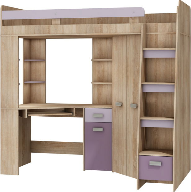 Pat supraetajat de colț Alina (D) Sonoma + albastru (cu somieră)