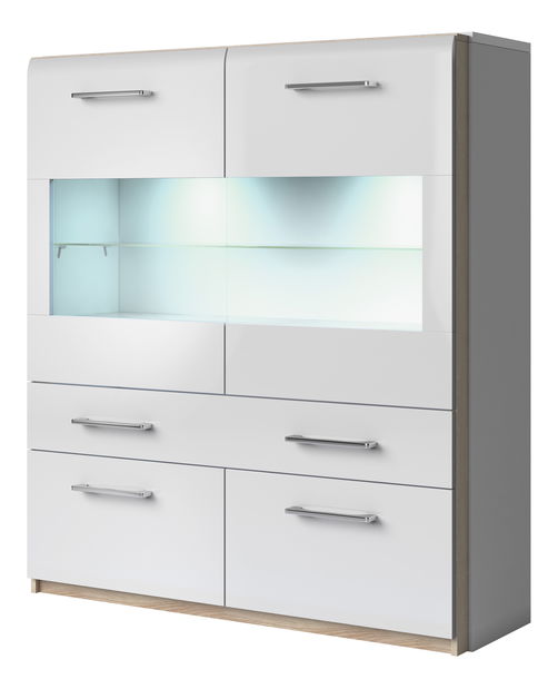 Vitrína Melia Typ 46 (biela + dub sonoma svetlá + biely vysoký lesk)