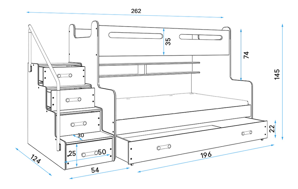 Poschodová posteľ 120 x 200 cm Moxxo 3 (biela + biela) (s roštami, matracmi a úl. priestorom)