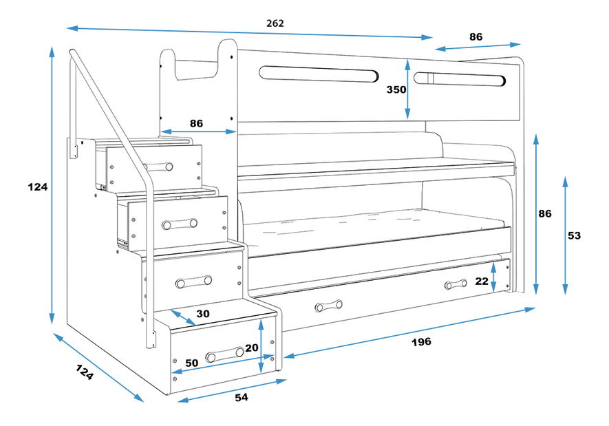Poschodová posteľ 80 x 200 cm Moxxo 1 (biela + modrá) (s roštami, matracmi a úl. priestorom)