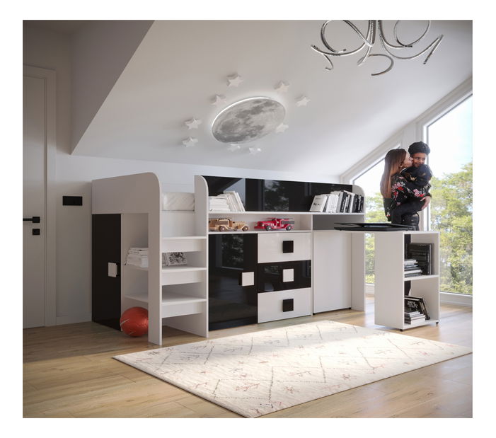 Dječji kombinirani krevet 90 cm Toreno 1 (bijela + bijeli sjaj + crni sjaj)
