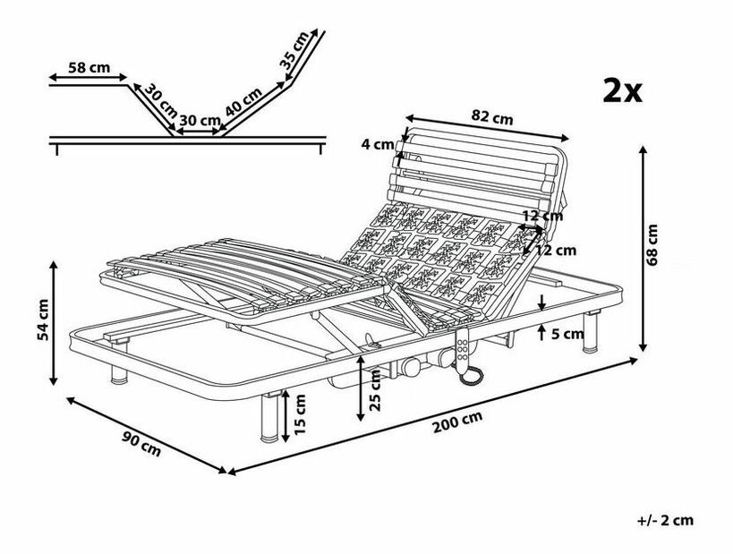 Set 2 ks. elektricky nastaviteľných lamelových roštov 200x180 cm MUUN (drevo) (sivá)