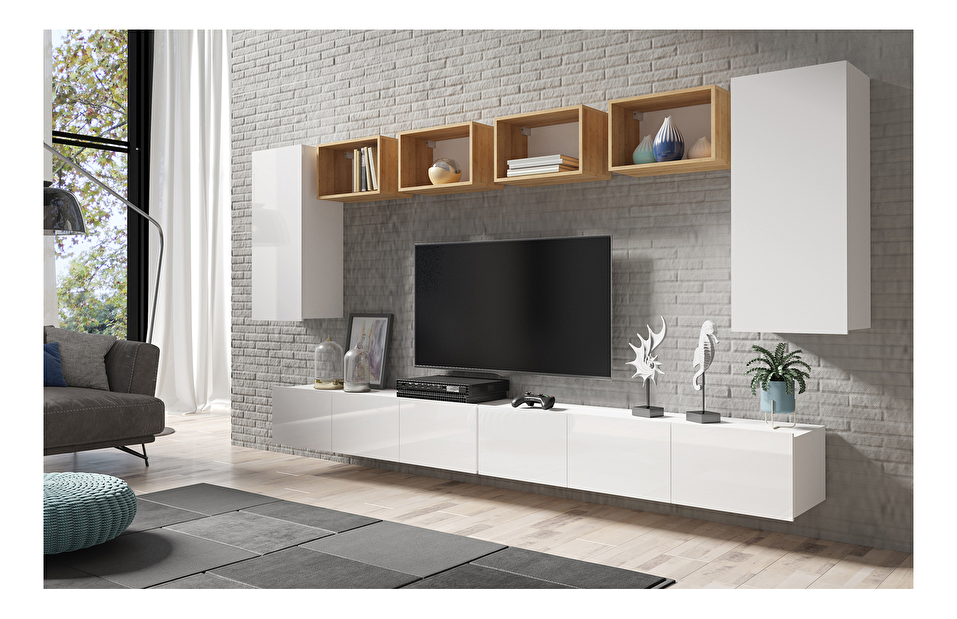 Mobilier living Calabria C35 WHITE (Alb + Stejar auriu) (fără iluminat)